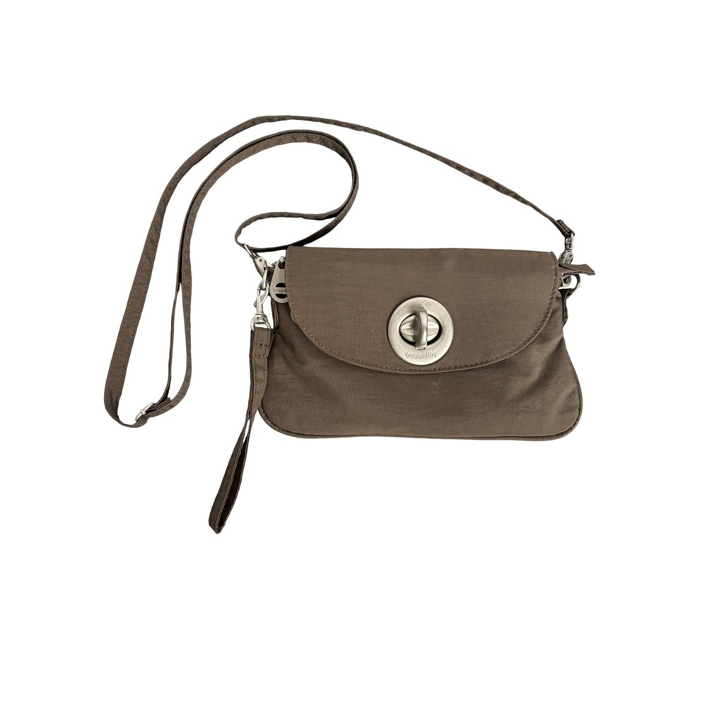 Baggallini Brown Nylon Crossbody Wristlet Bag Turn Lock Travel Purse